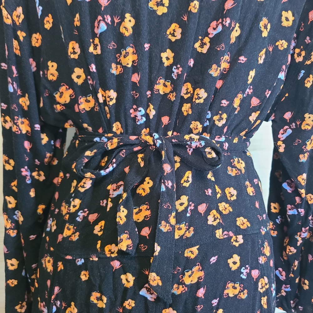 Free People Romper Womens 12 Black Floral Button Front Long Sleeve V-Neck - Picture 3 of 16
